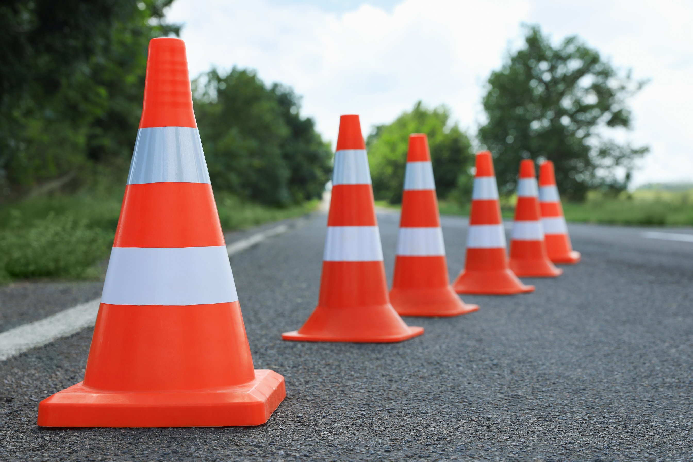 Traffic Cones on Asphalt Highway. Road Repair